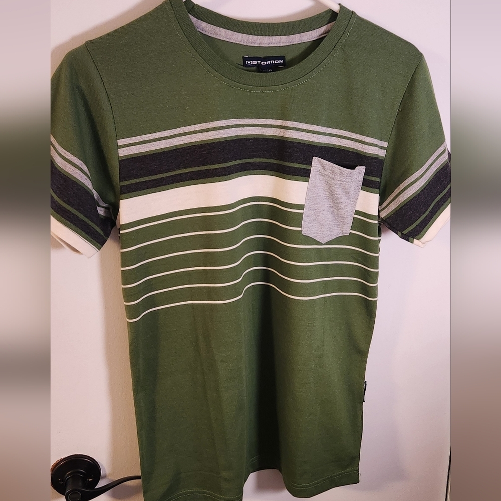 NWOT- Distortion Boys Olive Green, Cream, And Grey Striped Tee